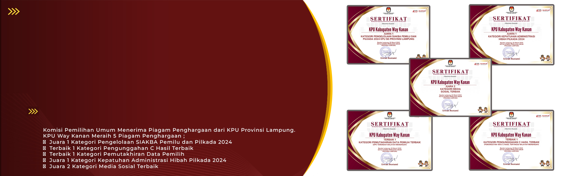 KPU Way Kanan Raih 5 Penghargaan Bergengsi dari KPU Provinsi Lampung